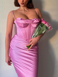 Simple Spaghetti Straps Lavender Satin Evening Dress Sheath Party Prom Dress Y8094