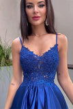 Regal Blue Spaghetti Straps Lace Applique Prom Dress with Elegant Pockets