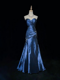 Sexy Strapless Mermaid Beaded Evening Gown Blue Sweetheart Satin Prom Dress Y7928
