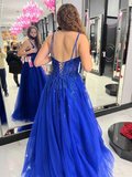 Blue A-line Tulle Appliques Prom Dress Blue Evening Dress Y6450