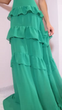 Emerald Green Deep V Neck Layered Ruffles Evening Dress Backless Long Prom Dress Y8386