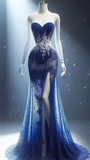 Sexy Strapless Lace Beaded Mermaid prom Dress Blue Long Slit Evening Dress Y8362