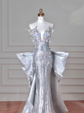 Luxury Silver Sequin 3D Beaded Mermaid Evening Dress Long Prom Dress With Bow Y8640