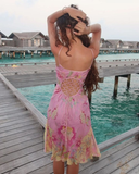 Unique Pink Satin Print Midi Prom Dress Straps Evening Dress Y8422