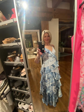 Gorgeous Blue Sleeveless V-Neck Lace Ruffle Tiered Evening Dress Formal Prom Dress Y8460