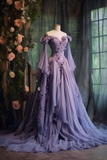 Purple Tulle Prom Dress One Shoulder Fairy Long Sleeve 3D Floral Appliques Evening Dress Y7605