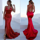 Spaghetti Straps Open Back V-Neck Mermaid Prom Dress with Daring Slit