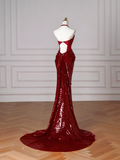 Sexy Burgundy Sequins Halter V Neck Evening Dress Backless Mermaid Evening Dress Y8628