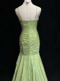 Vintage Green Mermaid Satin Beaded Sequin Evening Dress Spaghetti Strap Long Prom Dress Y8556