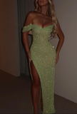 Sparkly Sage Green Sequins Off-The-Shoulder Split Prom Dress Formal Evening Gown Y7983