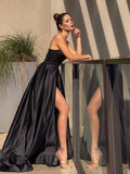 A-line Sleek Black Spaghetti Straps Long  Prom Dress with Slit and Ruffle