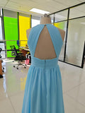 Chiffon Floor Length Prom Dresses A-Line Halter Open Back Pleats