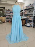 Chiffon Floor Length Prom Dresses A-Line Halter Open Back Pleats