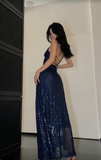 Charming Sequins Slit Navy Blue Prom Dress Sexy Evening Dress Y7671
