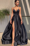 A-line Sleek Black Spaghetti Straps Long  Prom Dress with Slit and Ruffle