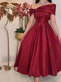 Dark Red Midi Prom Dresses Off Sleeves Ankle Length Arabic Dubai Formal Party Gowns Evening Gowns Y4620