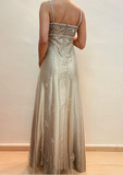 Fashion Spaghetti Straps Satin Tulle Beaded Prom Dress A Line Party Evening Gown Y8139