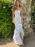 Chic Strapless Print Floral Ruffles Mermaid Evening Dress Prom Dress Y7840