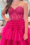 Fuchsia A-Line Sweetheart Tiered Tulle Prom Dress