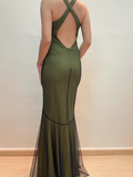 Vintage Halter Satin Beaded Mermaid Evening Dress Sexy Backless Green Prom Dress Y8228
