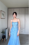 Classy Blue Tulle Appliques Mermaid Evening Dress Long Prom Dress Y8156