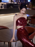 Burgundy Strapless Sequin Rose Flowers Prom Dress Mermaid Long Evening Dress Y8595