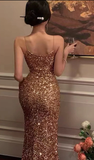 Sparkly Sequins Slit Midi Prom Dress Gold Evening Dress Y7648