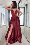 Split Front A-line Spaghetti Straps Burgundy Prom Dress