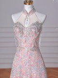 Gorgeous Pink Sequin Beaded ALine Prom Dress Evening Dress Y8637