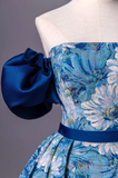 Blue Printed Long A-Line Prom Dress Blue Off the Shoulder Formal Evening Dress Y4605