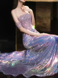 Glitter Off Shoulder Beaded Sequin Mermaid Prom Purple Formal Evening Gown Y8182
