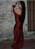 Elegant Burgundy Off The Slit Mermaid Evening Dress Formal Prom Dress Y8414