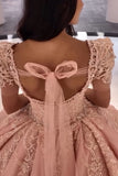 Square Neck Puff Sleeves Ball Gown Applique Quinceanera Dress with Train