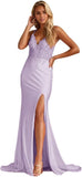 Women's Lace Applique Mermaid Prom Dresses Long with Slit Stretchy Satin V Neck Formal Evening Gown