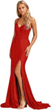 Women's Lace Applique Mermaid Prom Dresses Long with Slit Stretchy Satin V Neck Formal Evening Gown