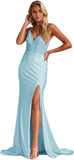 Women's Lace Applique Mermaid Prom Dresses Long with Slit Stretchy Satin V Neck Formal Evening Gown