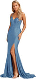 Women's Lace Applique Mermaid Prom Dresses Long with Slit Stretchy Satin V Neck Formal Evening Gown