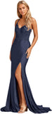 Women's Lace Applique Mermaid Prom Dresses Long with Slit Stretchy Satin V Neck Formal Evening Gown