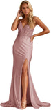 Women's Lace Applique Mermaid Prom Dresses Long with Slit Stretchy Satin V Neck Formal Evening Gown