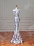 Luxury Silver Sequin 3D Beaded Mermaid Evening Dress Long Prom Dress With Bow Y8640