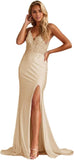 Women's Lace Applique Mermaid Prom Dresses Long with Slit Stretchy Satin V Neck Formal Evening Gown