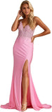 Women's Lace Applique Mermaid Prom Dresses Long with Slit Stretchy Satin V Neck Formal Evening Gown