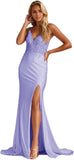 Women's Lace Applique Mermaid Prom Dresses Long with Slit Stretchy Satin V Neck Formal Evening Gown
