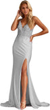 Women's Lace Applique Mermaid Prom Dresses Long with Slit Stretchy Satin V Neck Formal Evening Gown