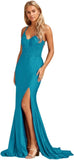 Women's Lace Applique Mermaid Prom Dresses Long with Slit Stretchy Satin V Neck Formal Evening Gown