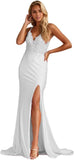 Women's Lace Applique Mermaid Prom Dresses Long with Slit Stretchy Satin V Neck Formal Evening Gown