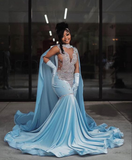 Sky Blue Velvet Silver Crystal Evening Dress Luxurious Evening Gown Y5764