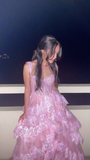 Pretty A-Line Pink Lace Appliques Tiered Long Prom Dress Formal Evening Dress Y7936