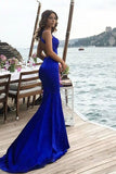 Regal Sapphire Halter Open Back Mermaid Long Prom Dress