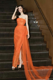 Sparkly Strapless Pleated Tulle Evening Dress Orange Slit Prom Dress Y7651
